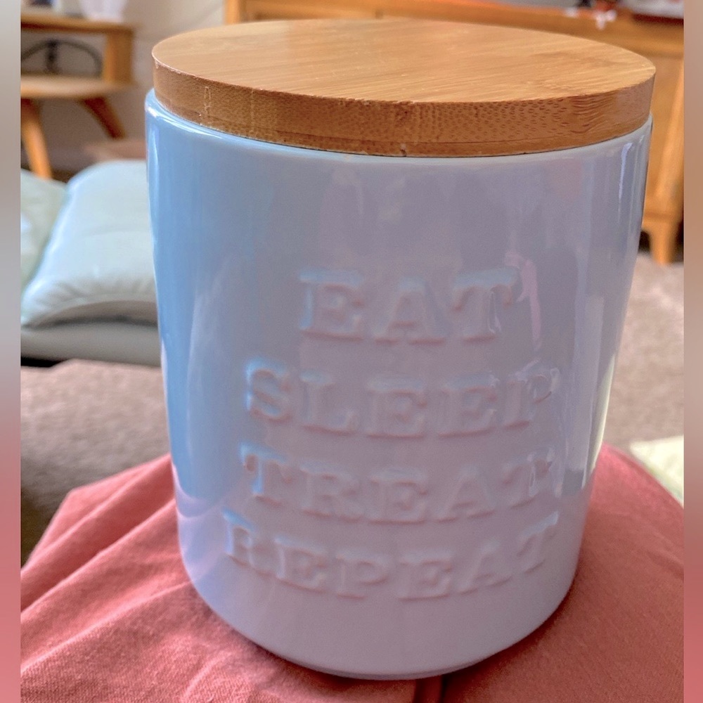 Dog Treat Cannister.  EUC. Baby blue with wood seal top. “EAT SLEEP TREAT REPEAT
